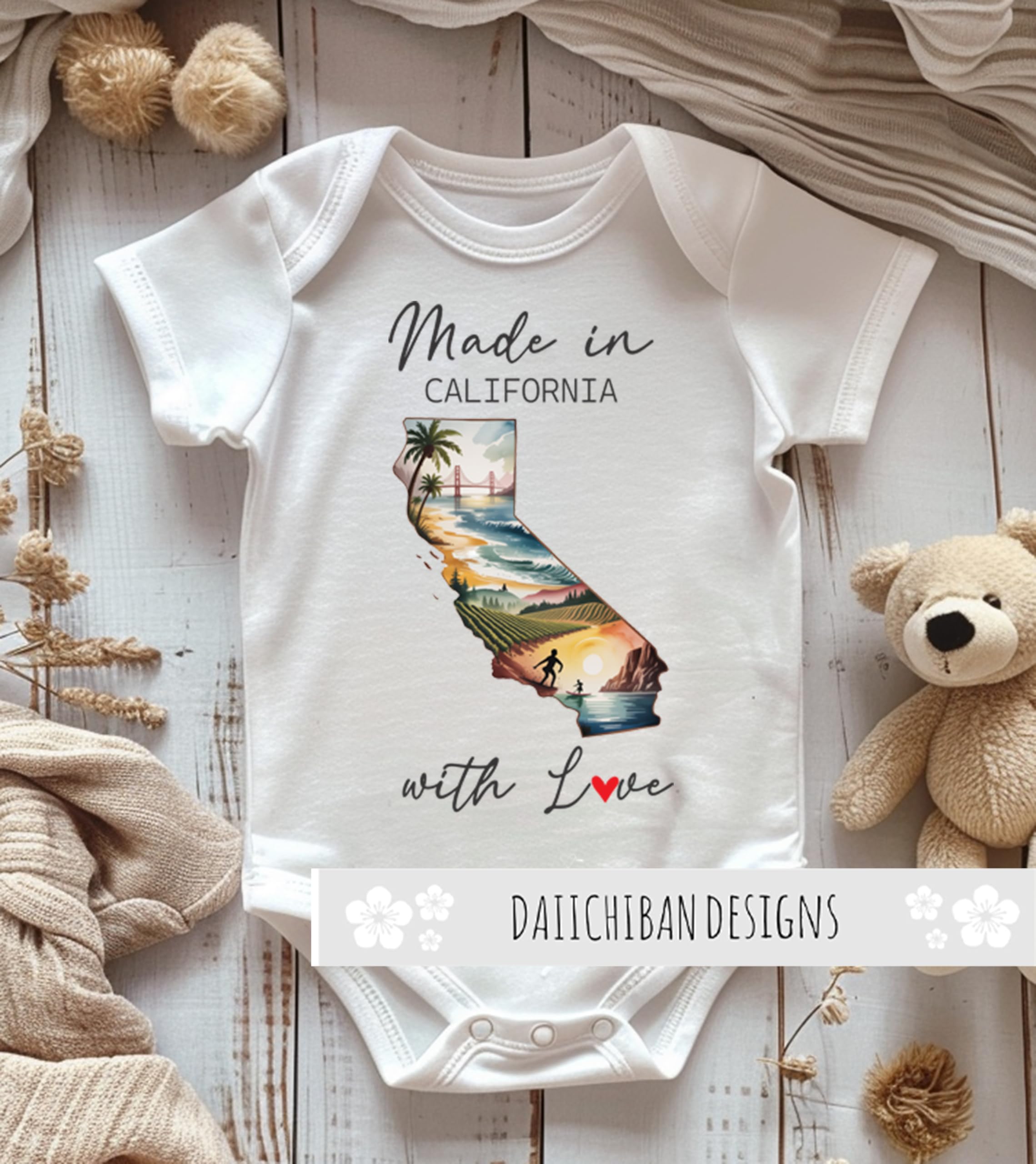 Daiichiban Designs Personalized Baby Bodysuit – “Made in California with Love” with Custom State Option