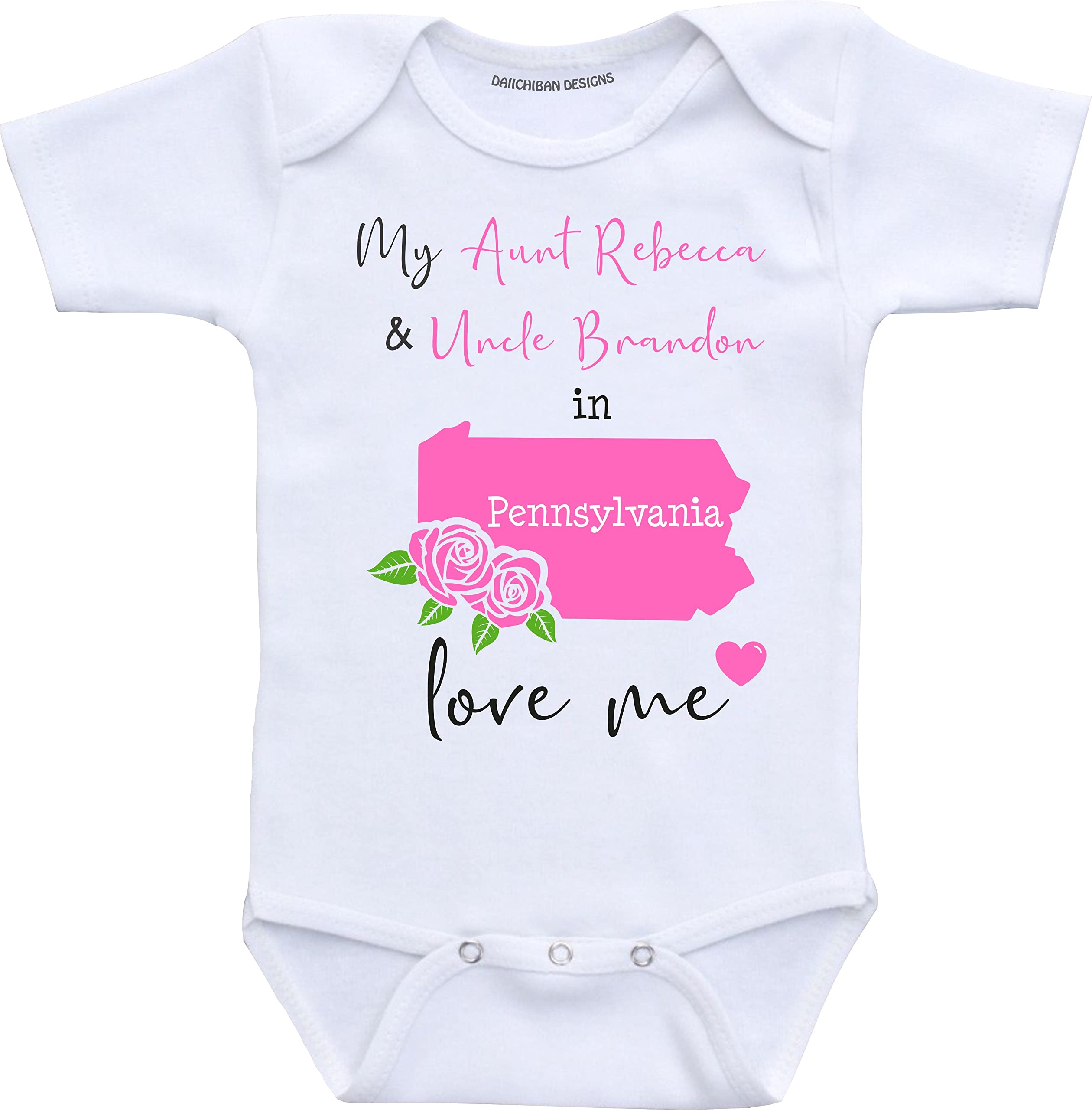 Daiichiban Designs Aunt and Uncle baby gifts Customizable Pennsylvania Dakota baby clothes