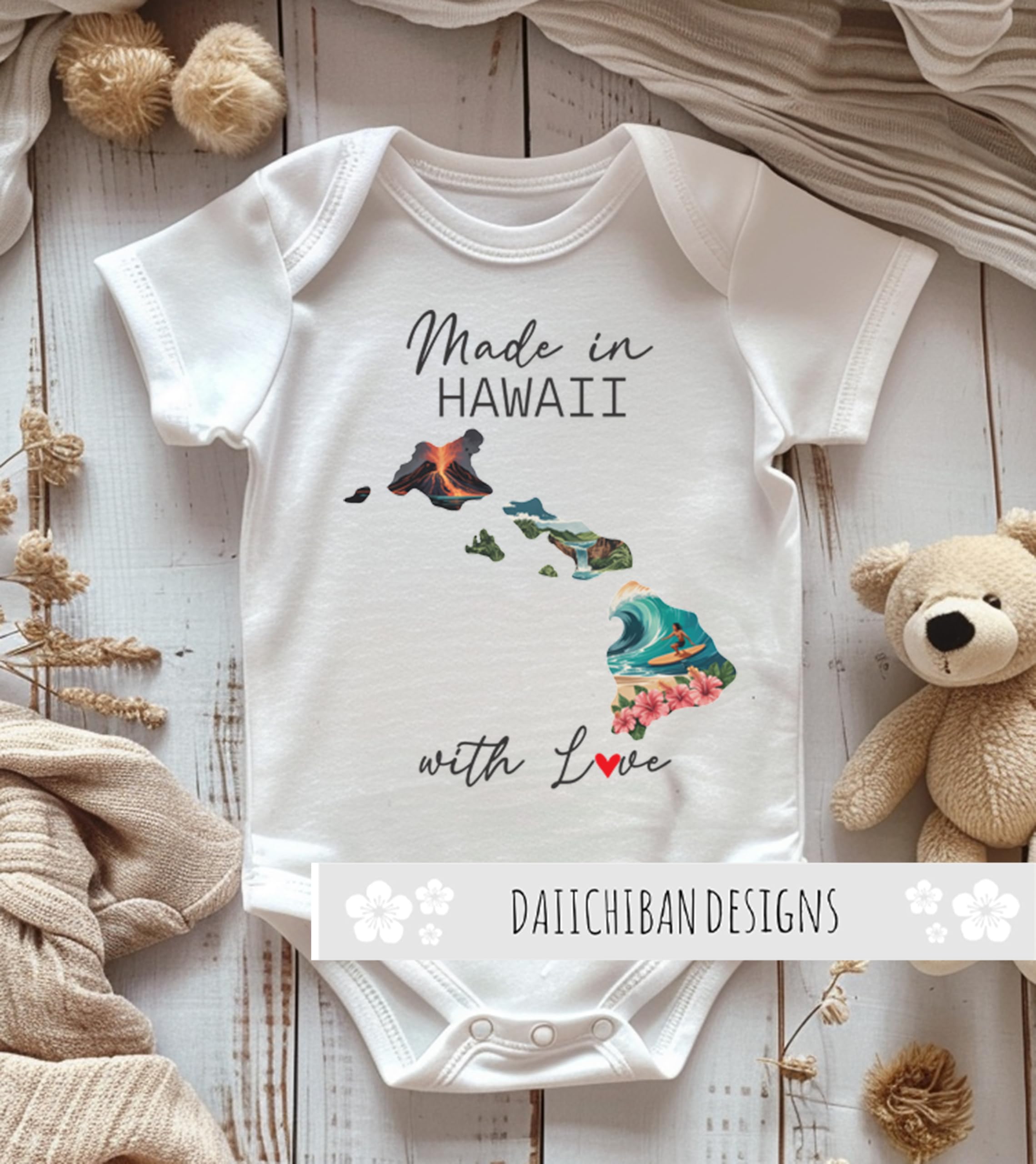 Daiichiban Designs Personalized Baby Bodysuit – “Made in Hawaii with Love” Custom State Option