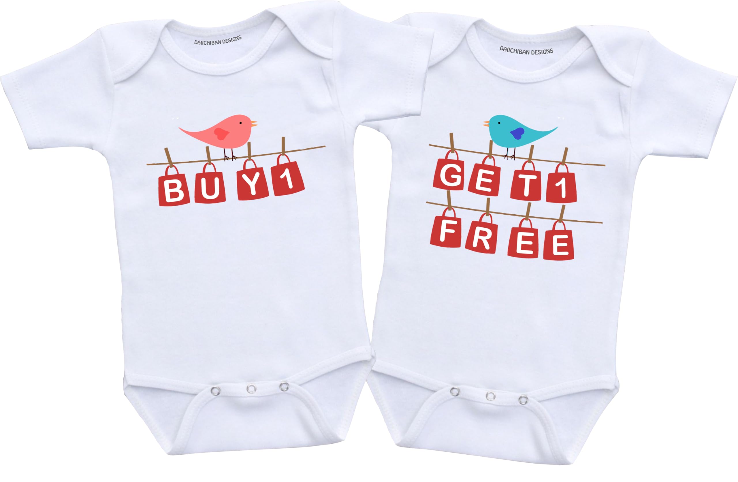 Daiichiban Designs Twin Boy Girl Baby Bodysuit Set – “Buy One, Get One Free” – Funny Matching Infant Outfits (12 months)