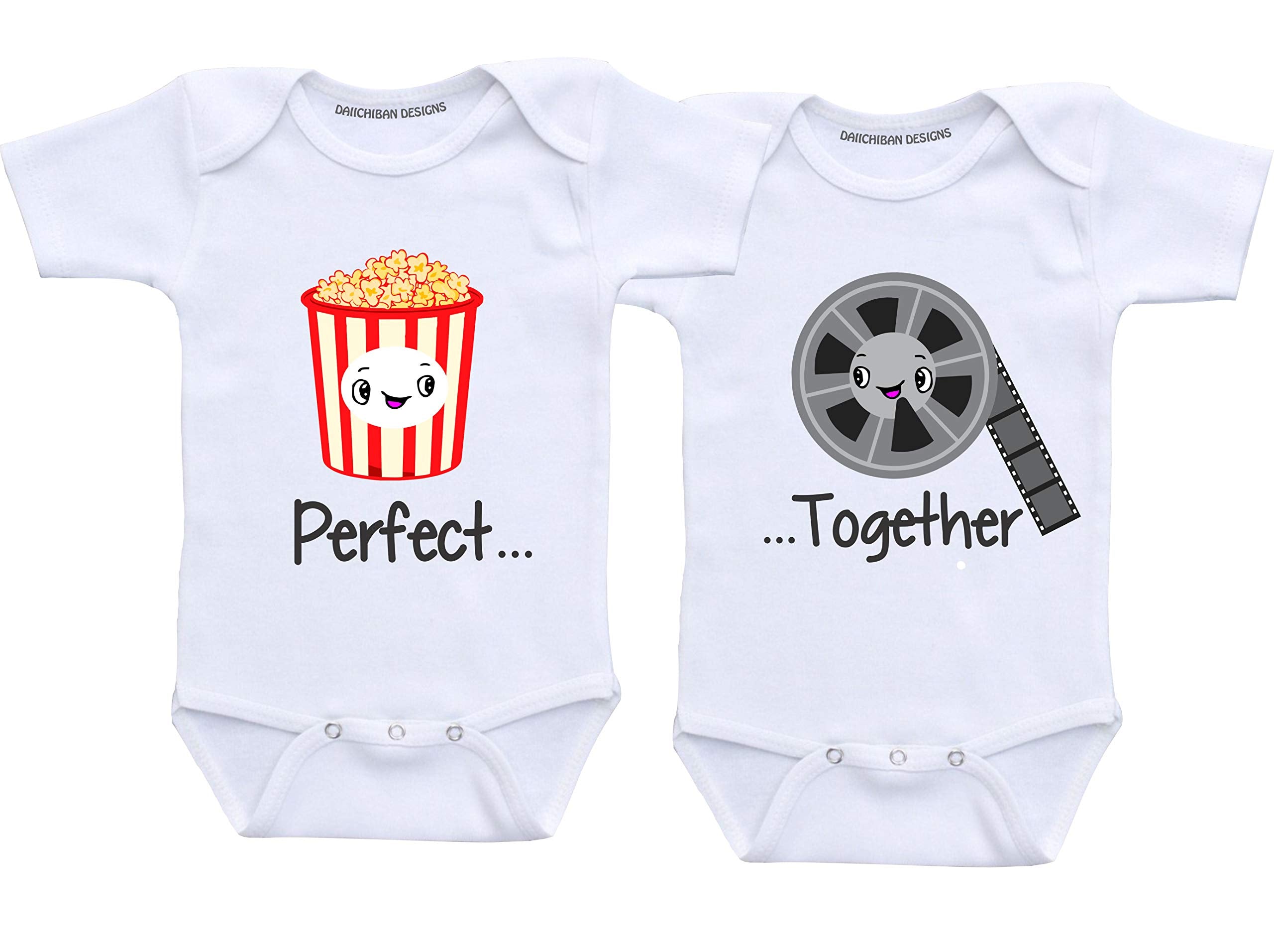 Daiichiban Designs Perfect Together Twins Baby Clothes boy and Girl Popcorn and Movie Twin Outfits