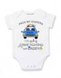 Daiichiban Designs Police Baby Bodysuit – “Pack My Diapers, I’m Going Crimefighting with Daddy” – Funny Police Baby Outfit
