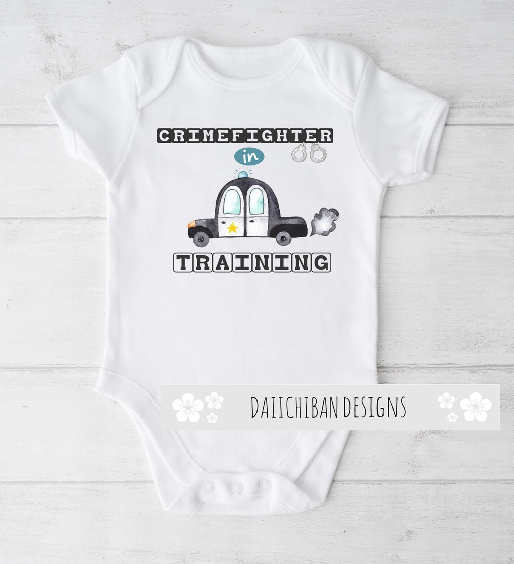 Daiichiban Designs Police Baby Bodysuit – “Crimefighting in Training” – Law Enforcement Baby Clothes