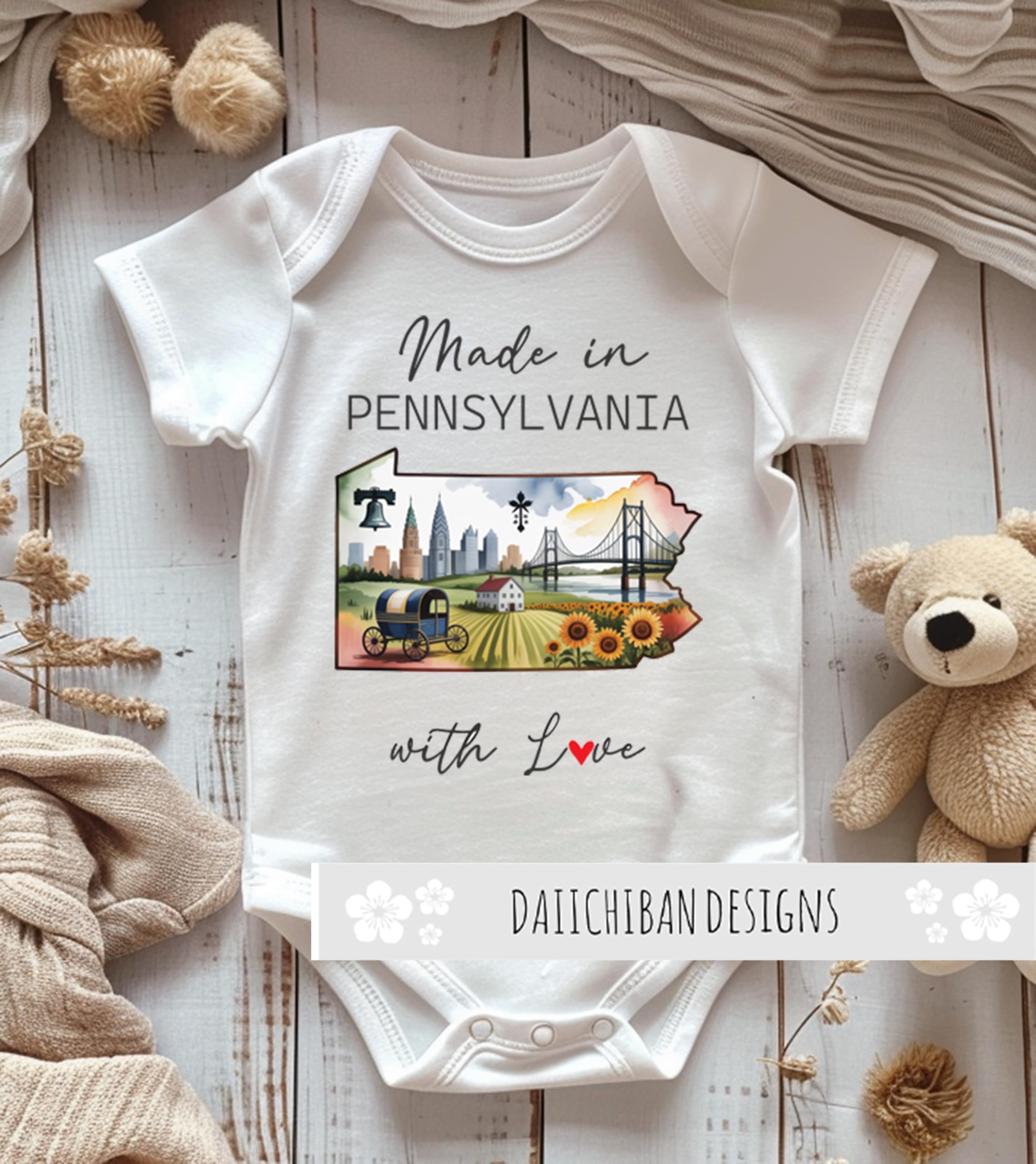 Daiichiban Designs Personalized Baby Bodysuit – “Made in Pennsylvania with Love” with Custom State Option