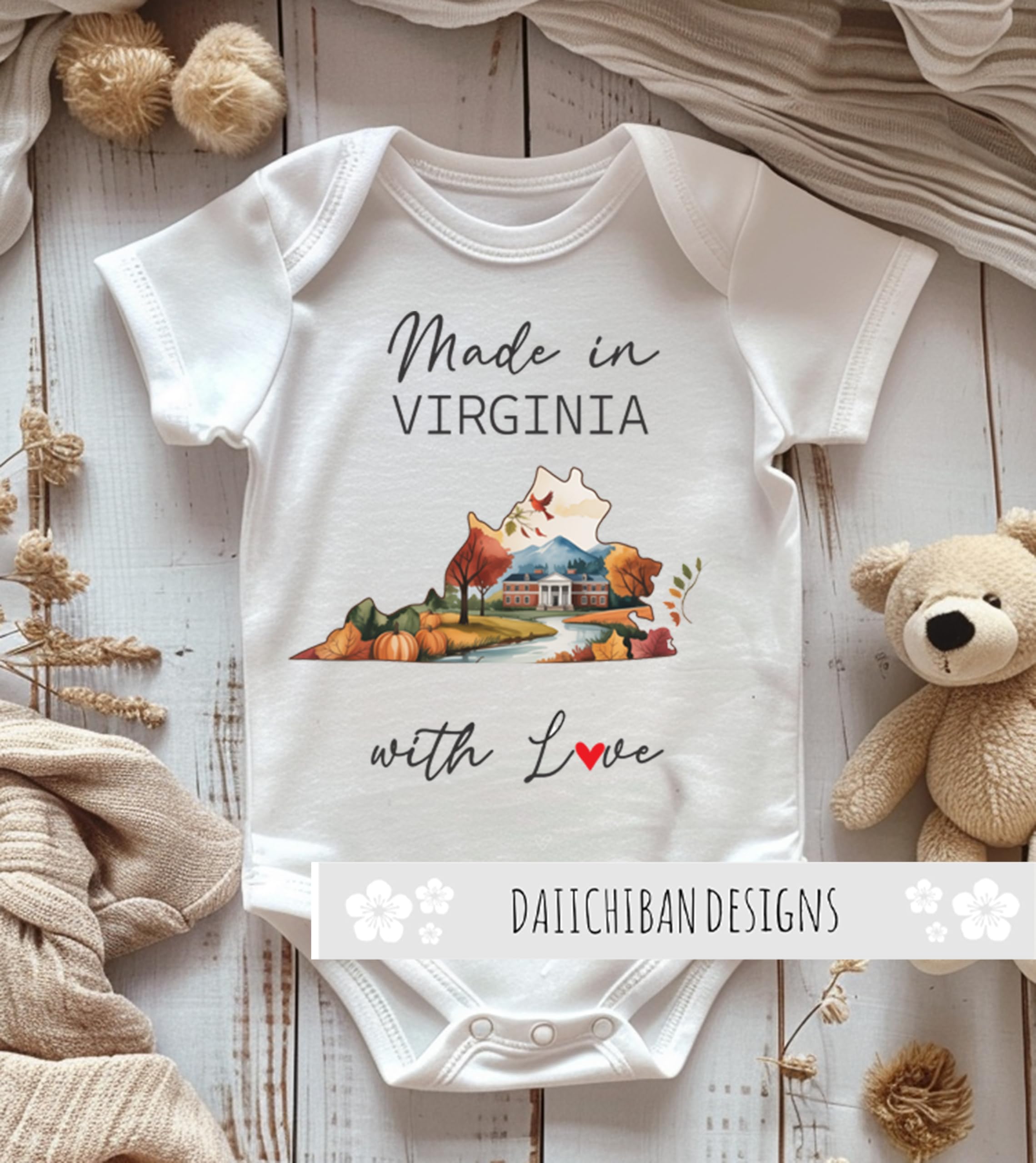 Daiichiban Designs Personalized Baby Bodysuit – “Made in Virginia with Love” with Custom State Option