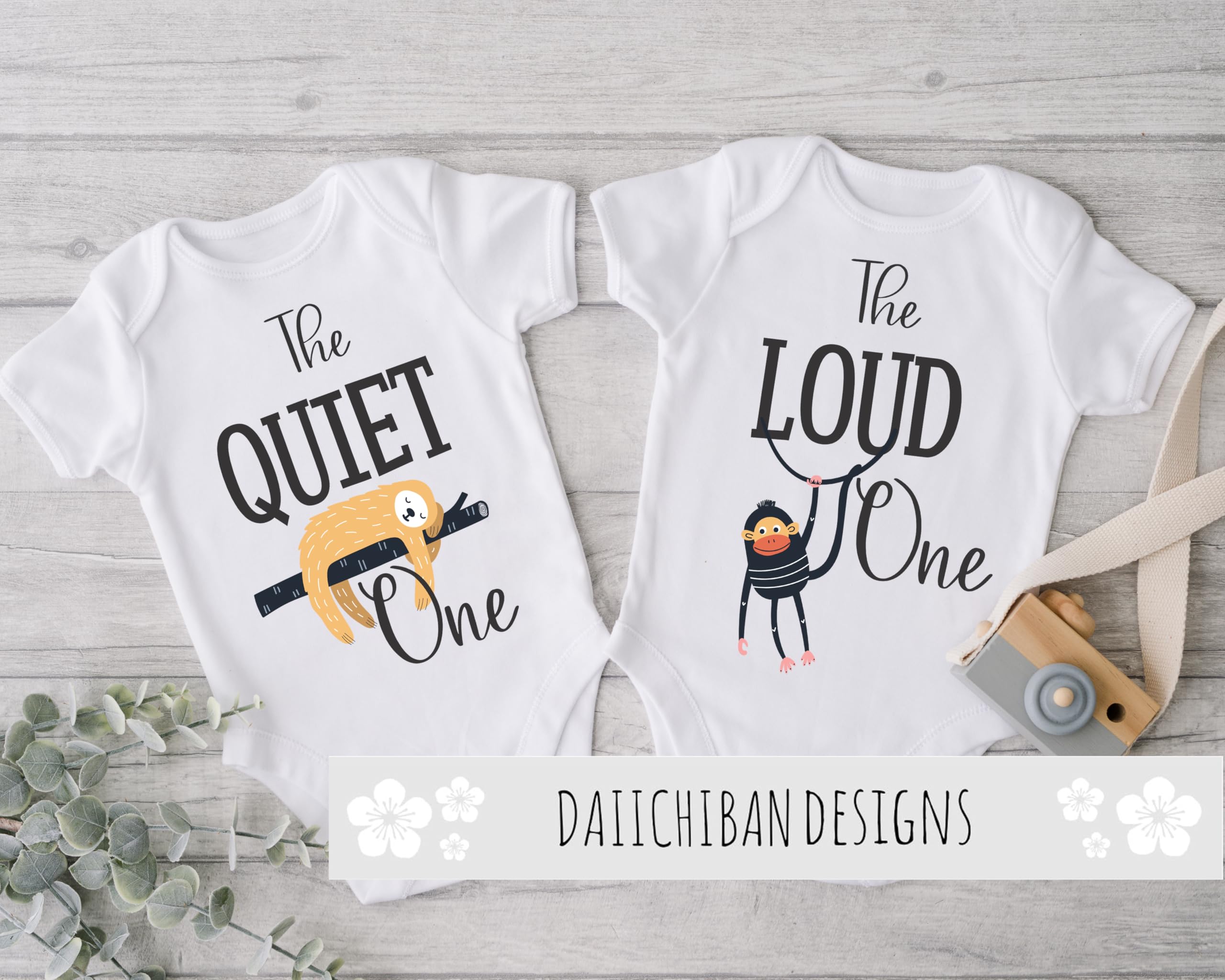 Daiichiban Designs Funny Twin Baby Bodysuit Set – “The Quiet One & The Loud One” Matching Twin Outfits