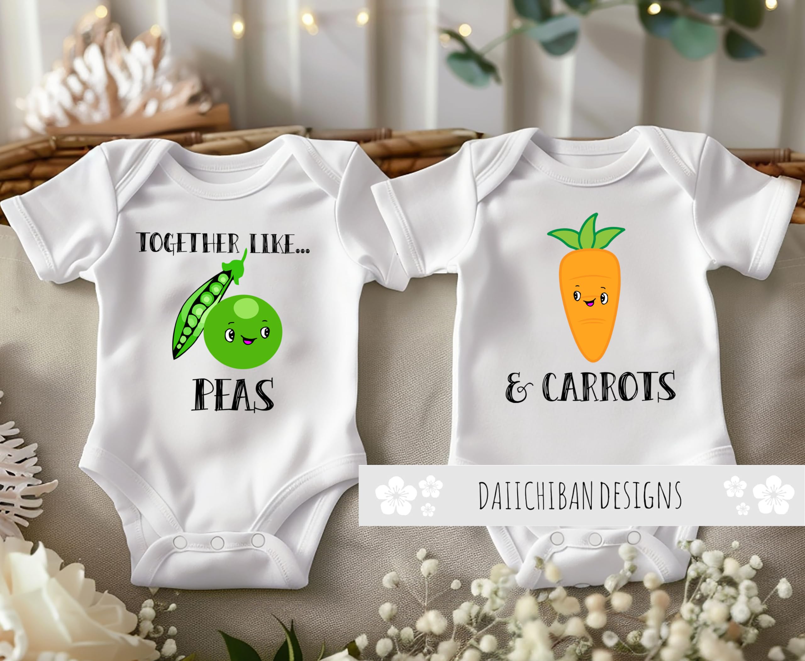 Daiichiban Designs Twin Baby Bodysuit Set – “Together Like Peas and Carrots” – Funny Matching Infant Outfits