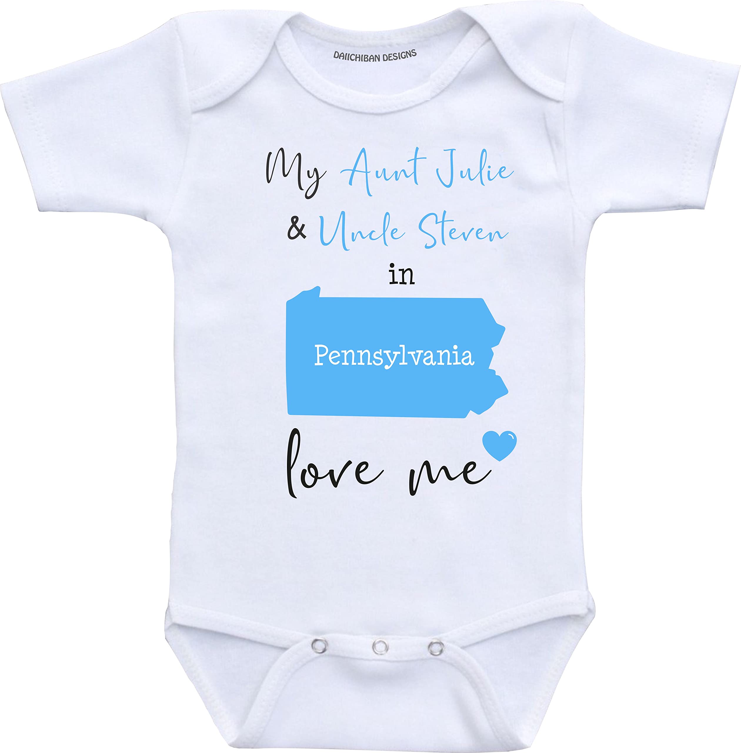 Daiichiban Designs Aunt and Uncle baby gifts Customizable Pennsylvania Dakota baby clothes