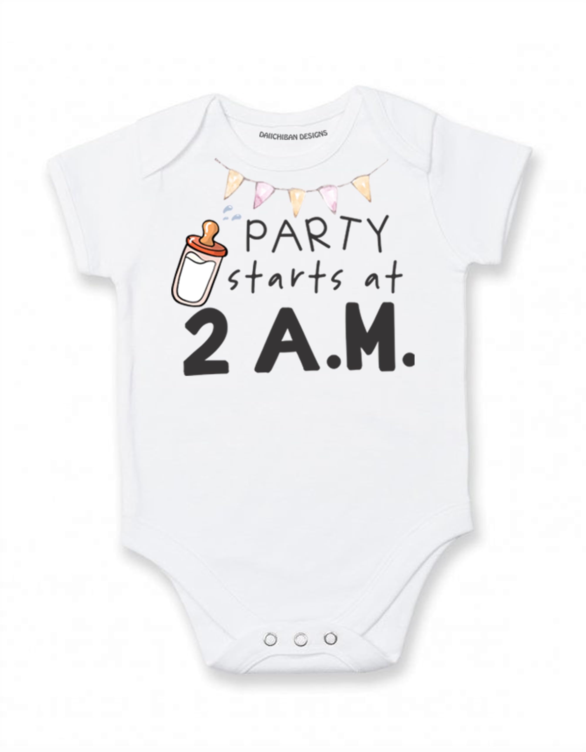 Daiichiban Designs Funny Baby Bodysuit “Party Starts at 2PM” – Cute & Humorous Infant One-Piece