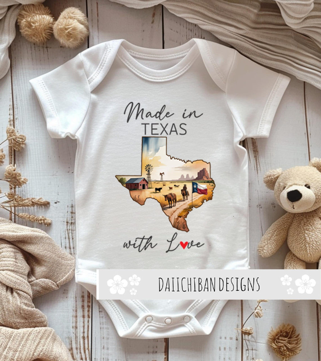 Daiichiban Designs Personalized Baby Bodysuit – “Made in Texas with Love” with Custom State Option